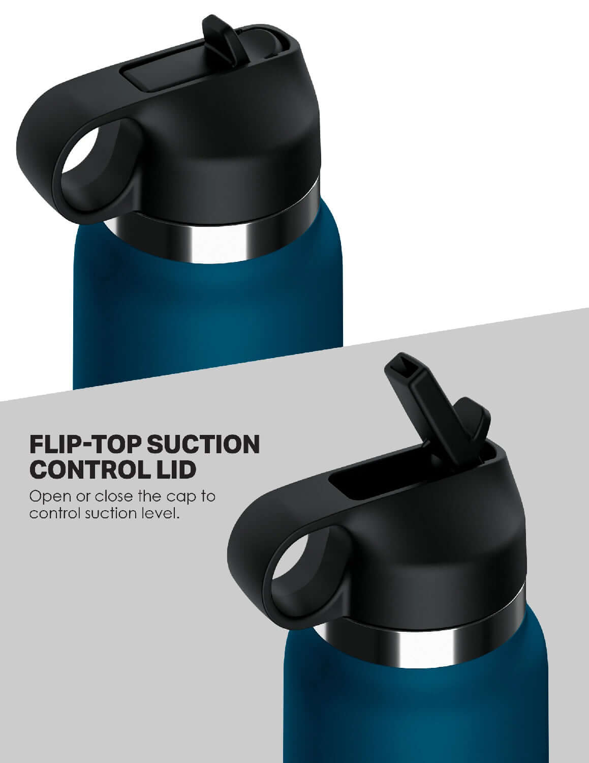 Blue discreet water bottle stroker with flip-top suction control lid displayed in two positions