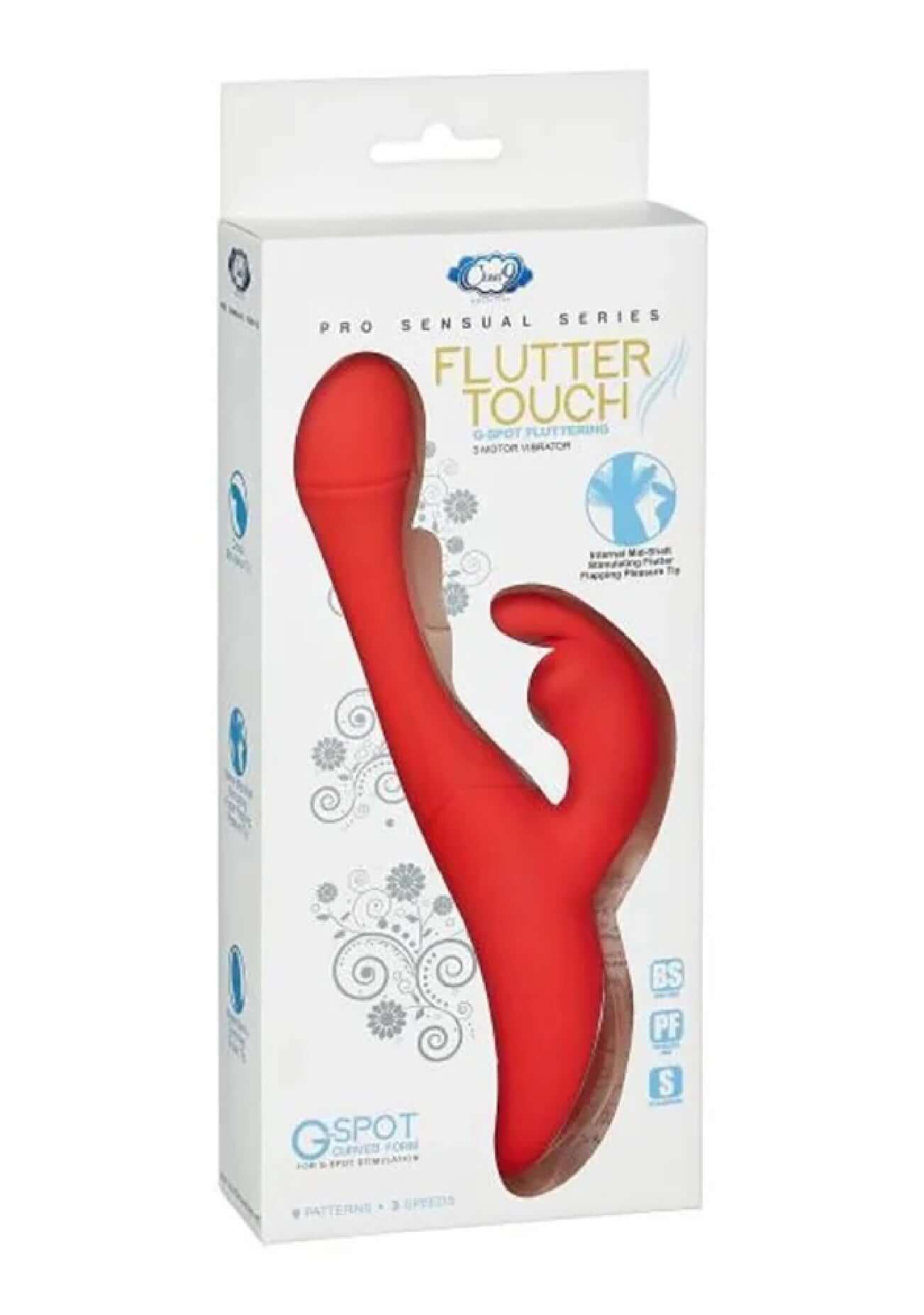 Flutter Touch Rabbit - Red three motor vibrator with G-Spot stimulator in packaging designed for intense and ergonomic pleasure.