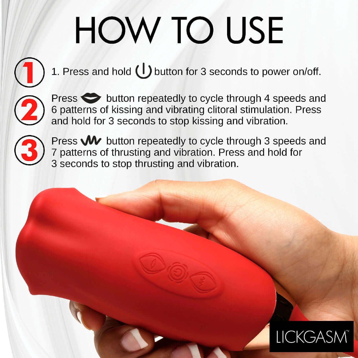Instructions for using Magic Kiss Kissing Clitoral Stimulator with Thrusting Vibrator - Red by Lickgasm.