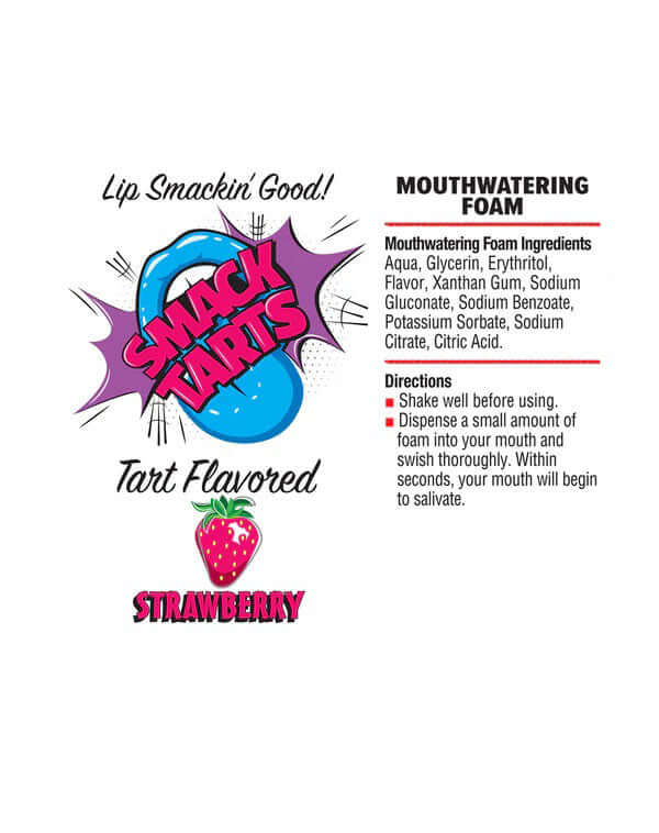 Smack Tarts Mouthwatering Foam Sour Strawberry 2.7 Oz product label with colorful graphics and directions.
