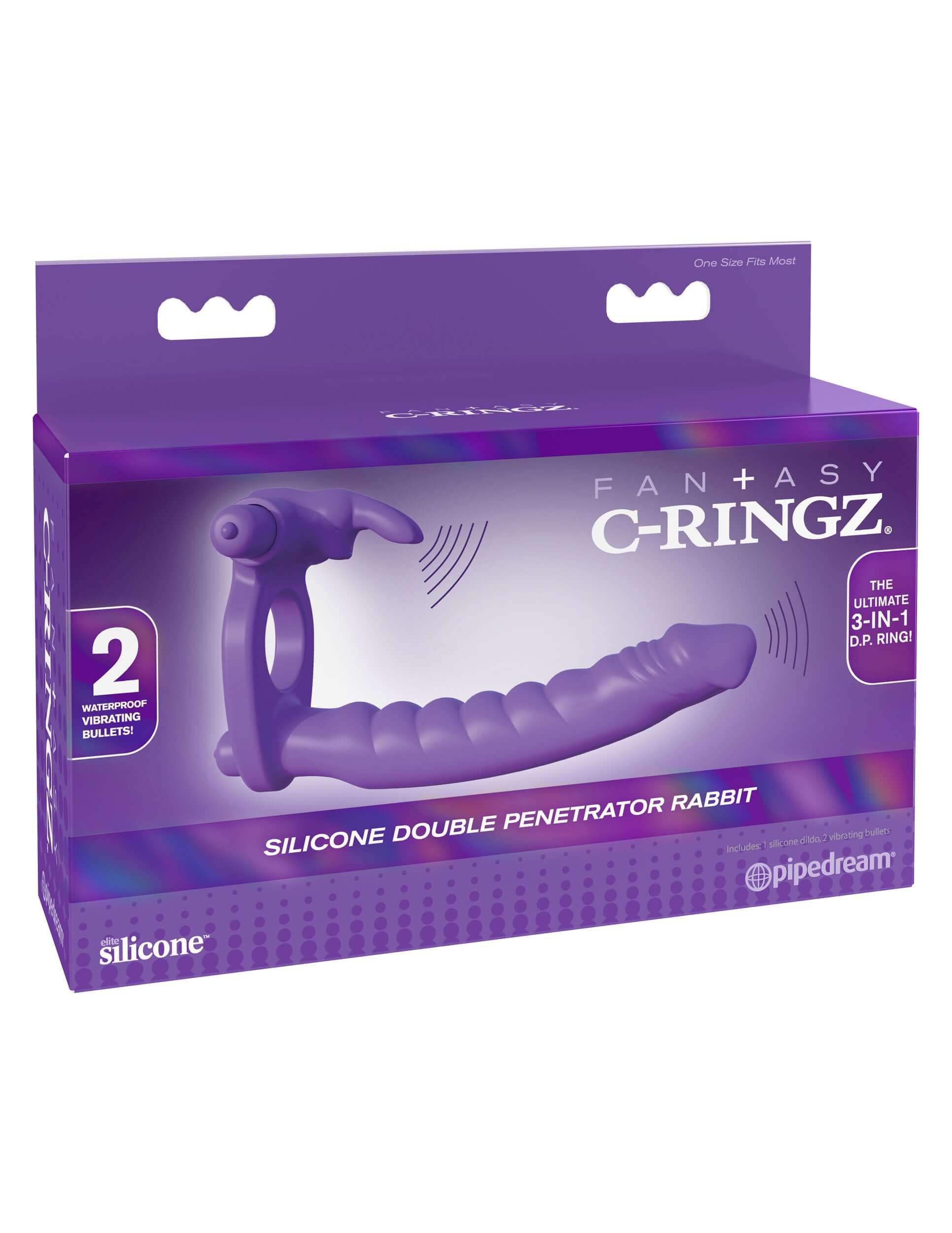 Fantasy C-Ringz Silicone Double Penetrator Rabbit Purple packaging featuring a versatile couples pleasure toy.