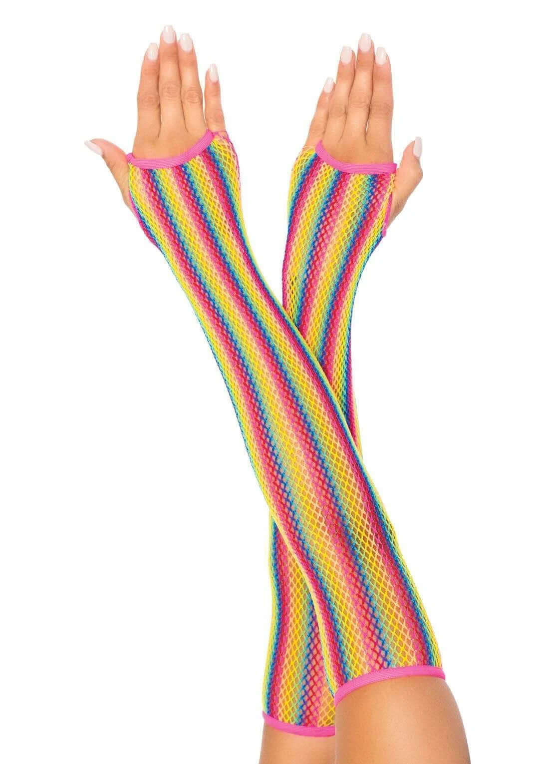 Rainbow net fingerless arm warmer gloves with vibrant striped pattern from palm to elbow.