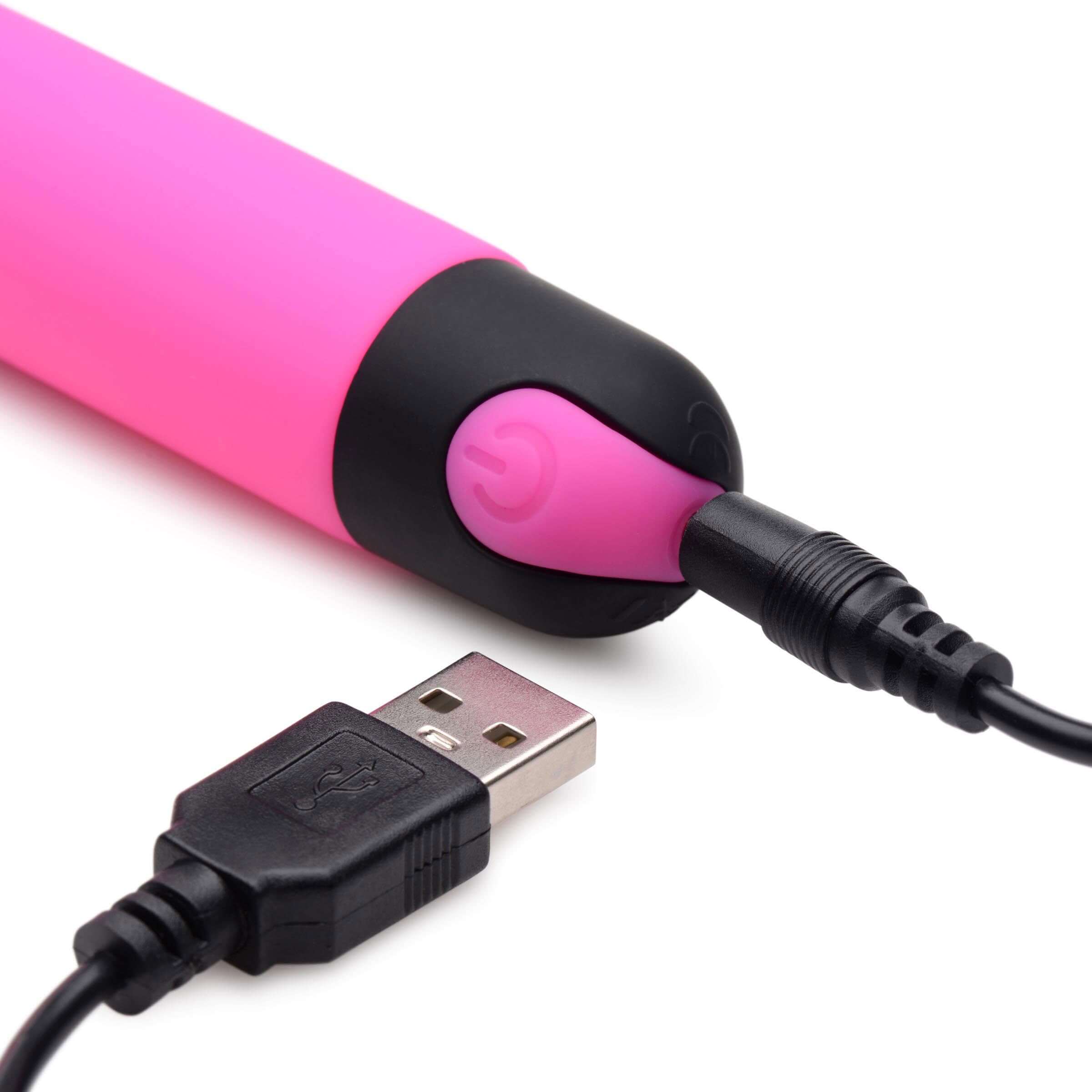 Bang 10X Rechargeable Silicone G-Spot Vibrator Pink charging with USB cable.