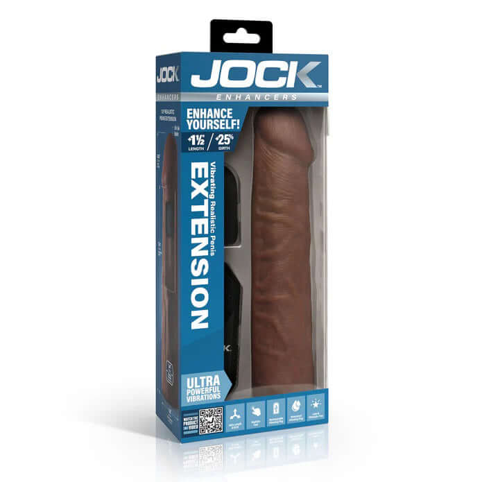 Jock Vibrating Penis Extension with Remote Dark in packaging, showcasing realistic feel and powerful vibrations for enhanced pleasure.