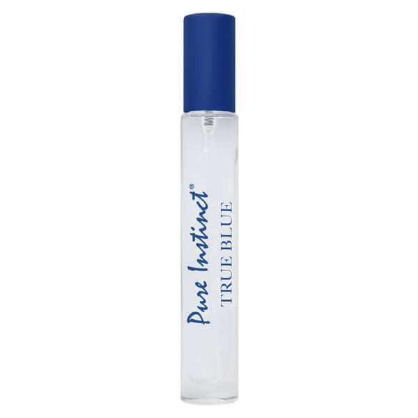 Pure Instinct Pheromone Perfume Spray True Blue 0.31 Oz bottle with blue cap.