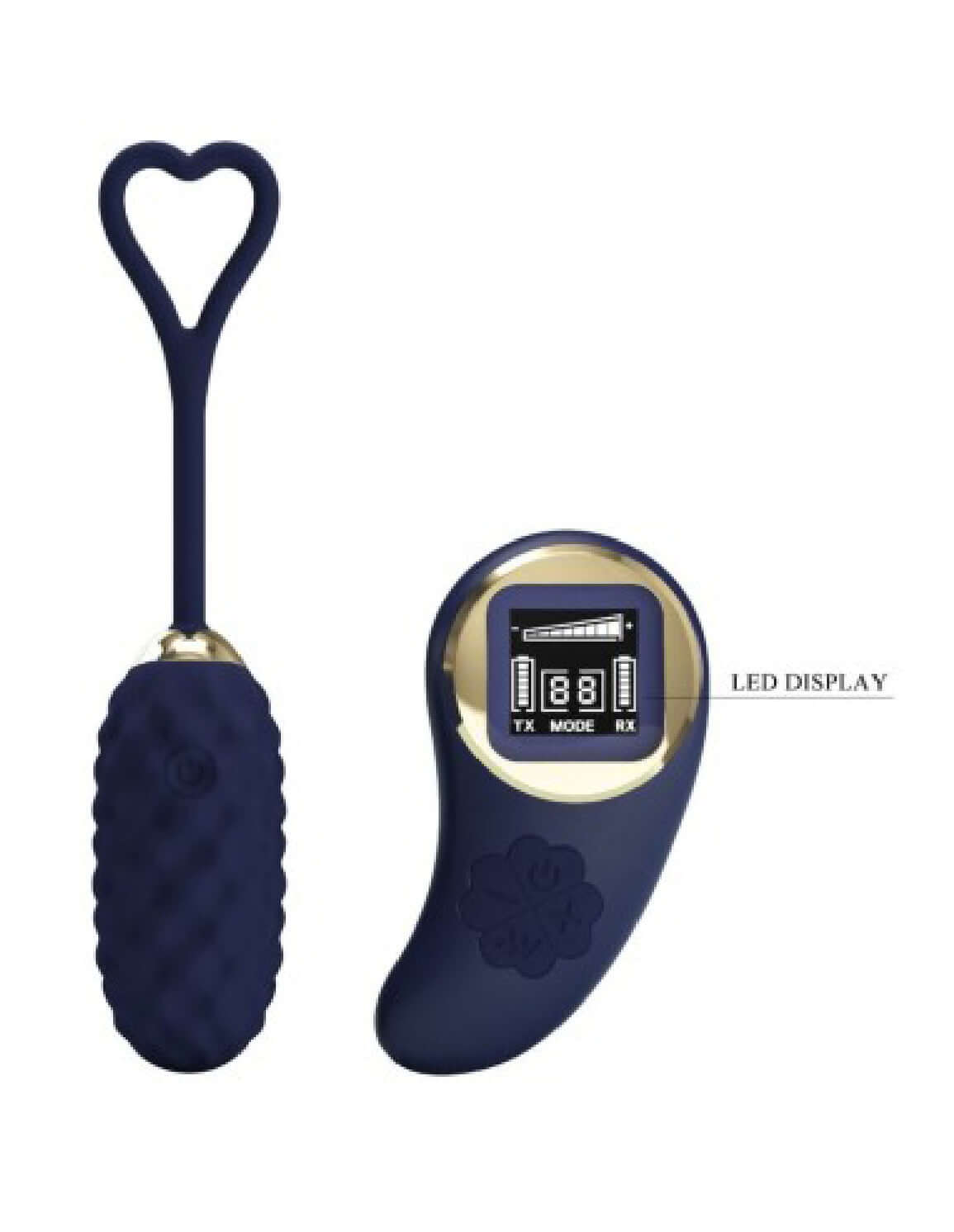 Vivian blue remote control vibrating egg with heart-shaped handle and wireless remote with digital meter.