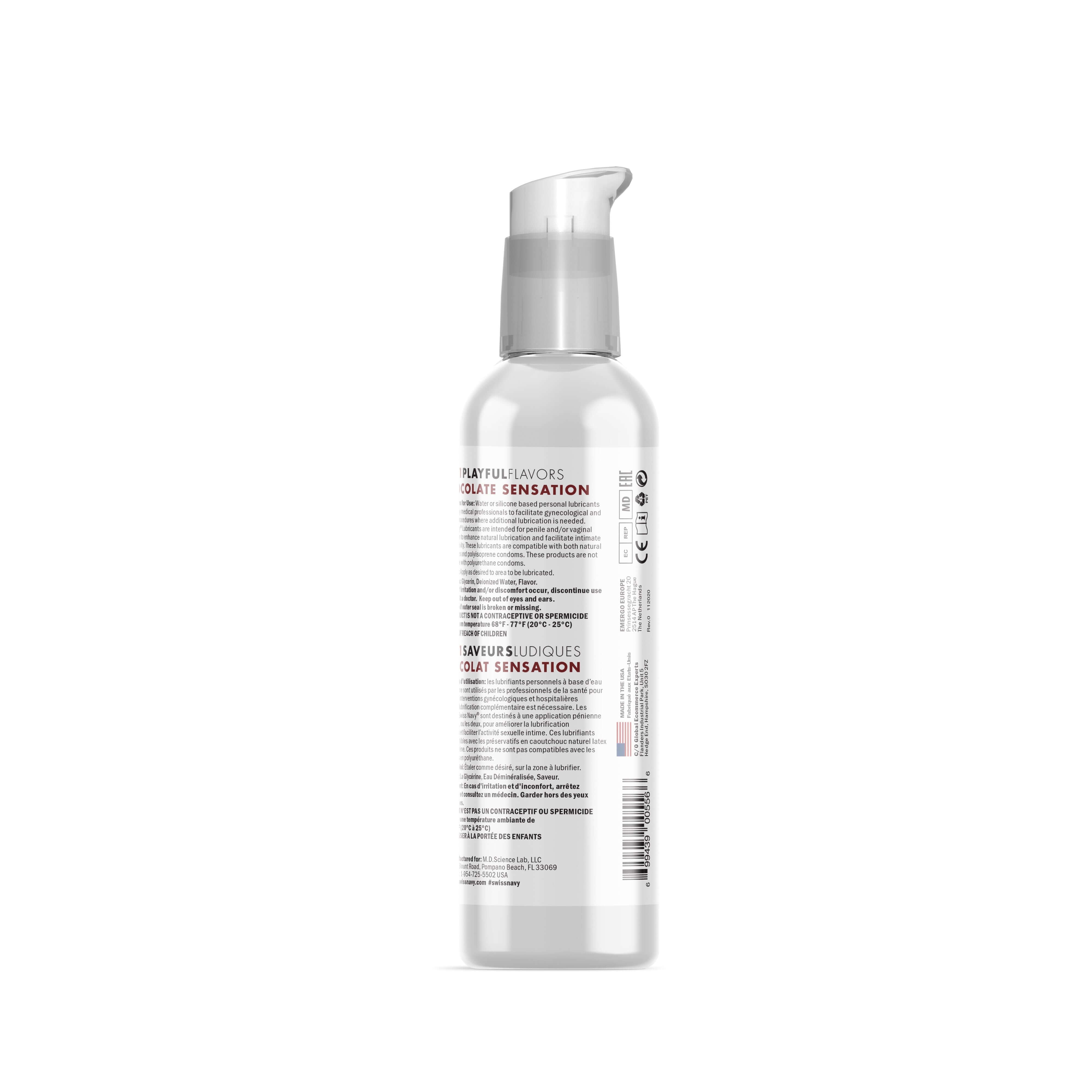 Swiss Navy 4-in-1 Playful Flavors Chocolate Sensation 4 Oz bottle showing its playful and versatile design.