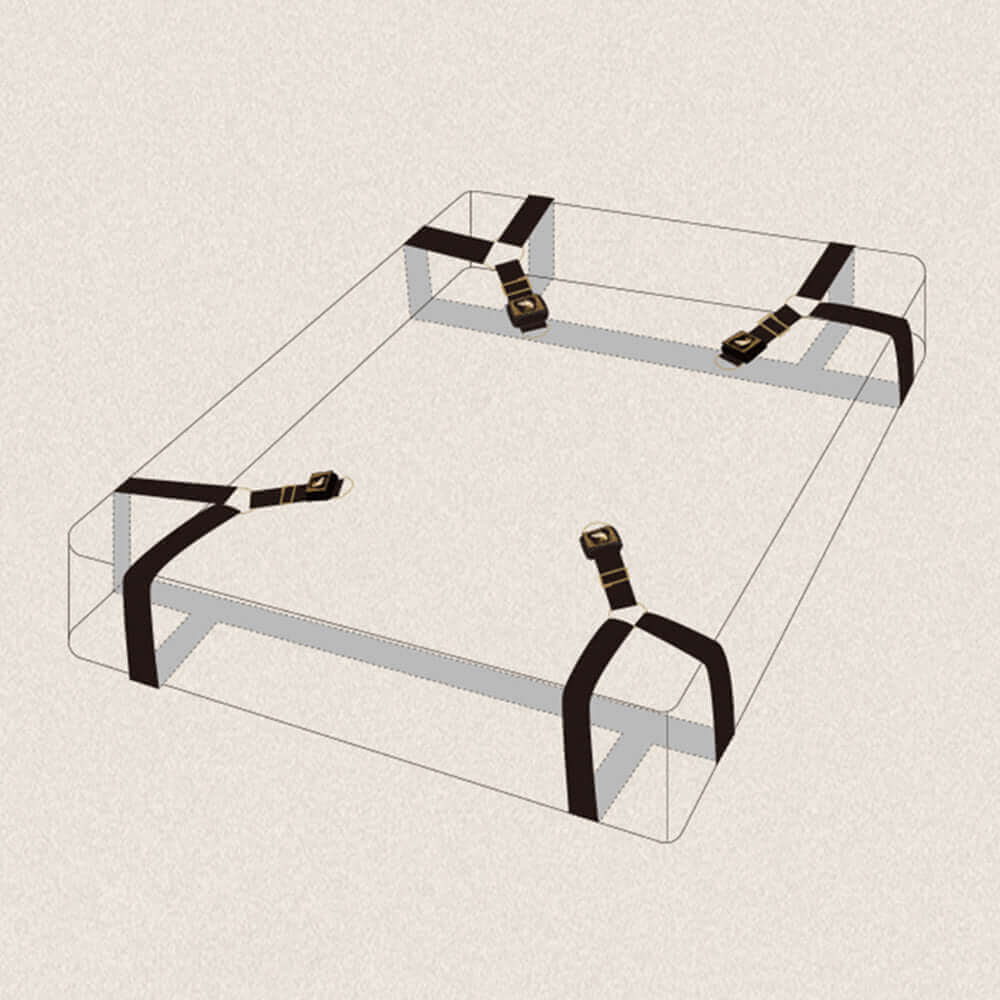 Adjustable bed restraint strap layout on a mattress, featuring black and gold straps for comfort and safety in BDSM play.