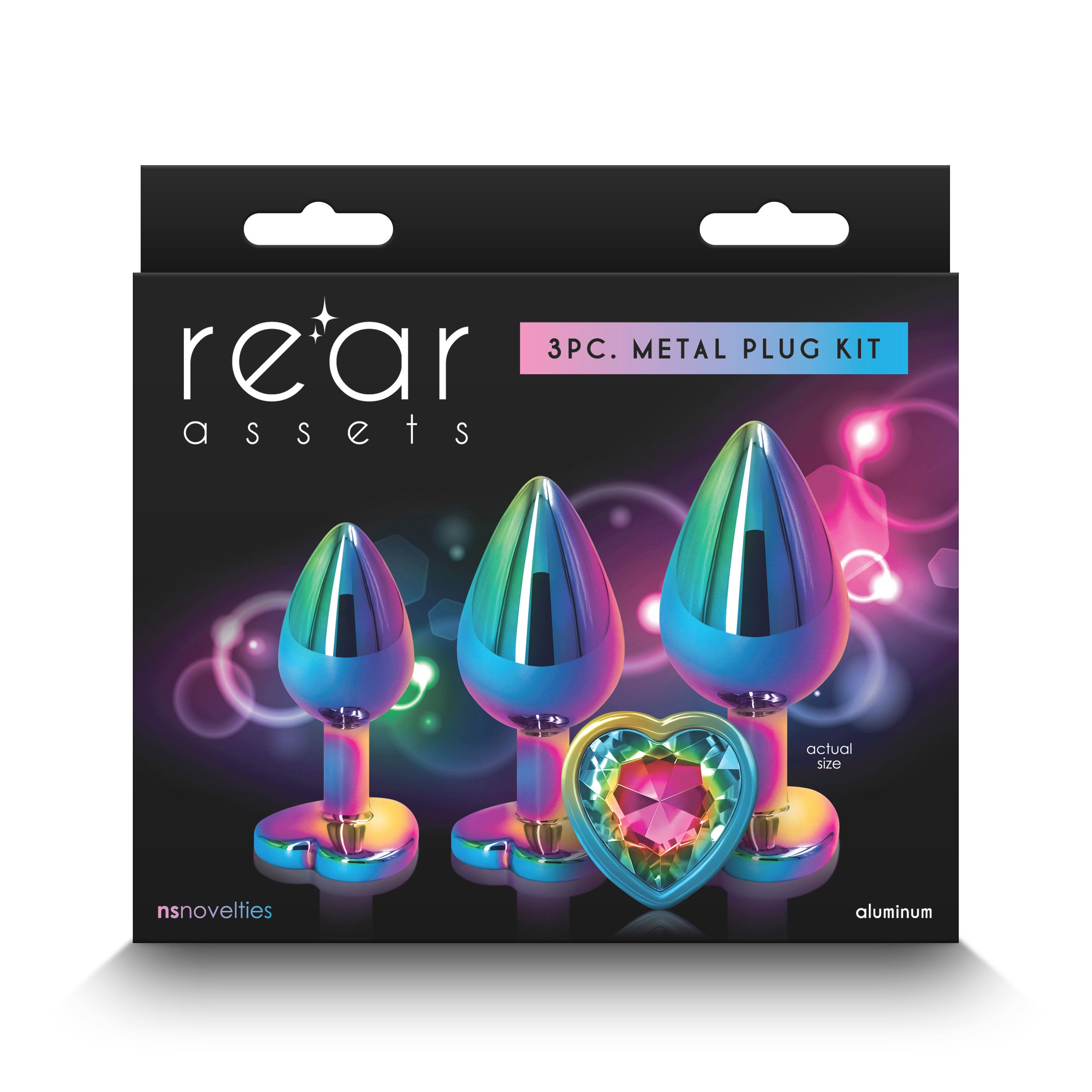Rear Assets Anal Trainer Kit Rainbow Heart featuring 3 chrome-plated metal plugs in elegant packaging.