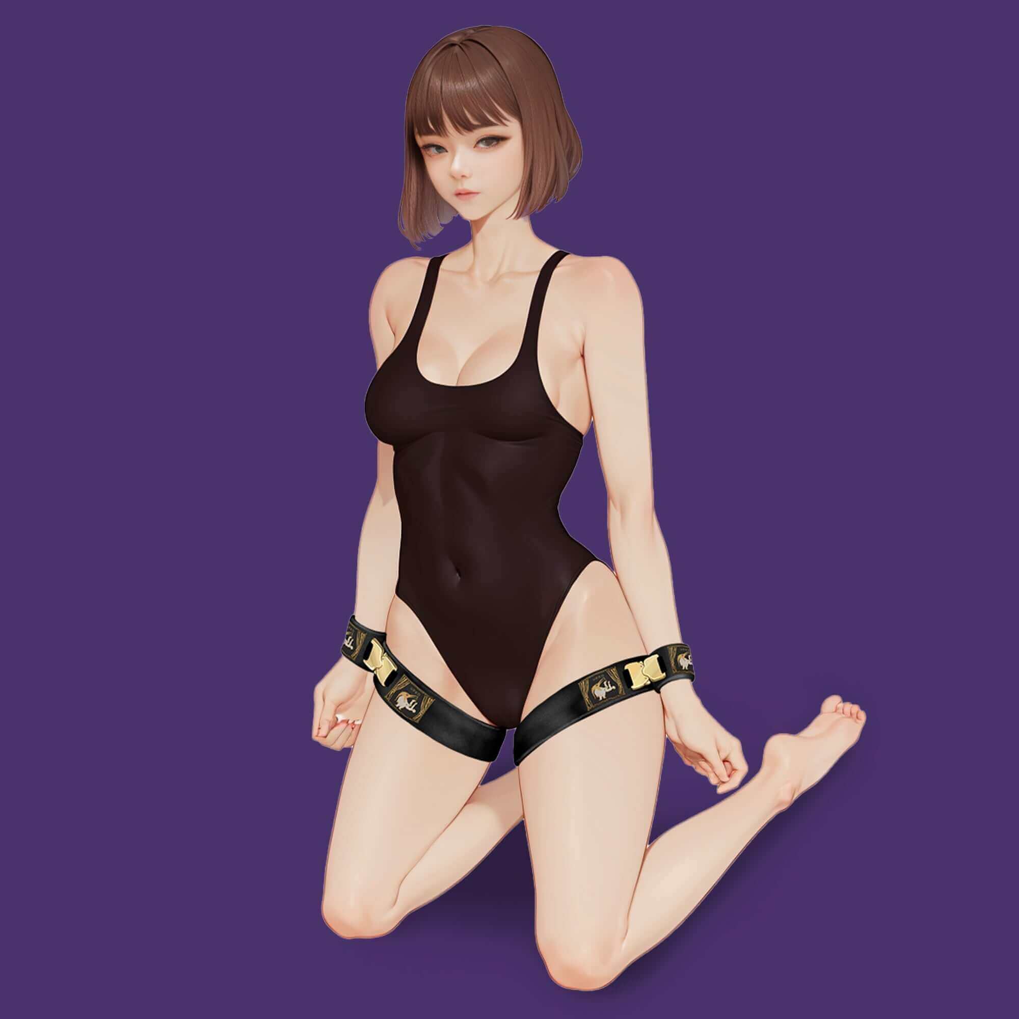 Illustration of a woman wearing black bondage restraints, showcasing versatile bondage gear against a purple background.