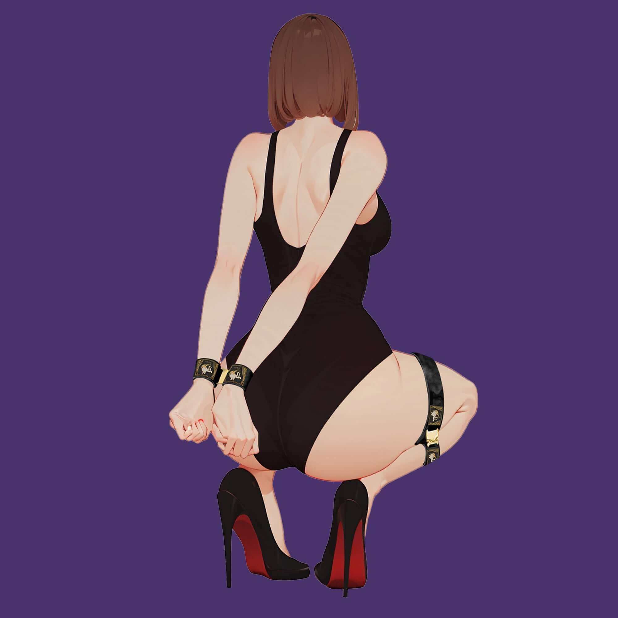 Illustration of a woman in bondage restraints, showcasing stylish gear and high heels against a purple background.