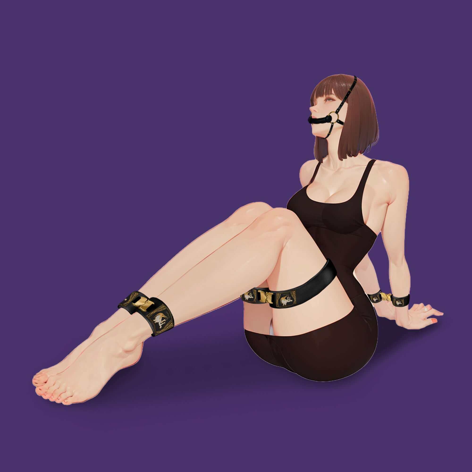 Model showcasing Clack Bondage Restraints Gear in a stylish and secure design against a vibrant purple background.