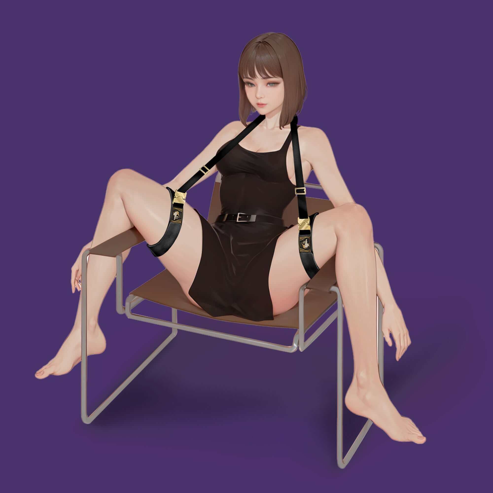 Model demonstrating Clack Bondage Restraints Gear while seated in a modern chair against a purple background.