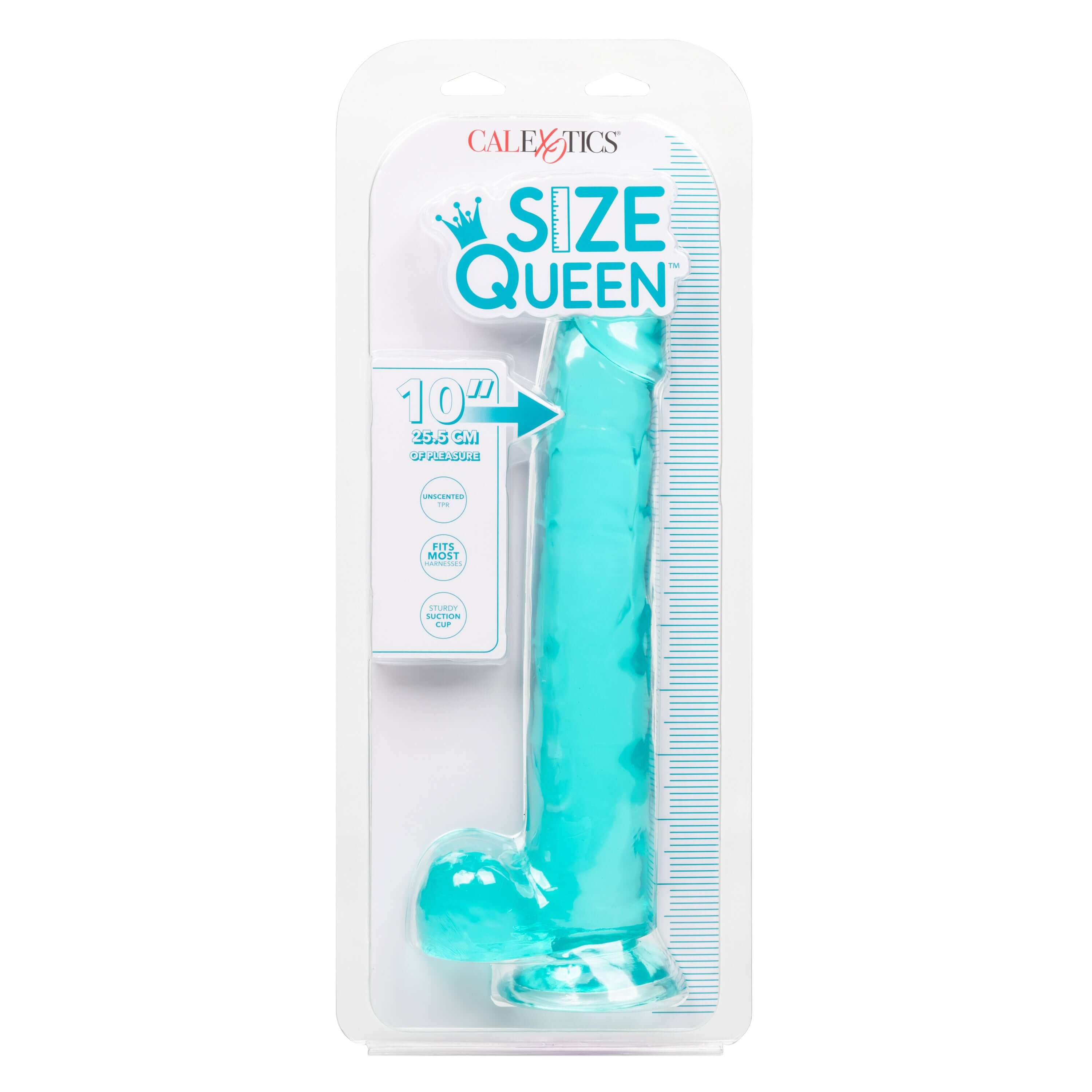 Size Queen Large Dildo 10 inch Blue in package, showcasing its lifelike design and bold size by CalExotics.