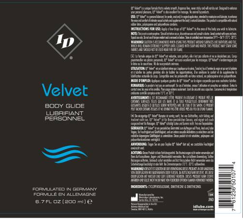 ID Velvet Body Glide Lubricant 6.7 Oz packaging, luxurious personal lubricant formulated in Germany.