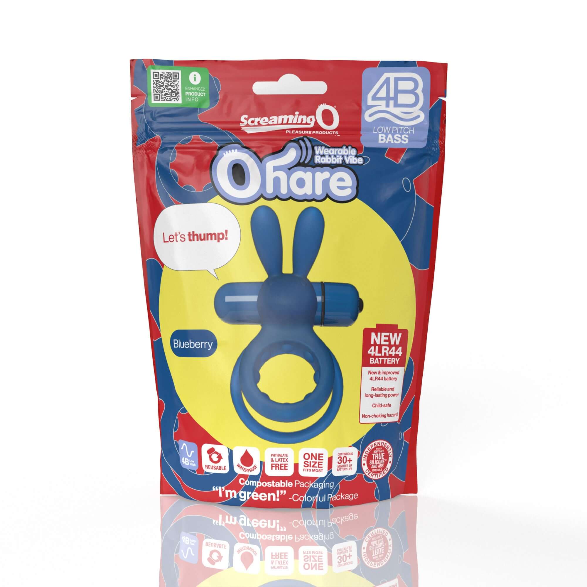 Screaming O 4B Ohare Wearable Rabbit Vibe Blueberry packaging with vibrant colors and product features.