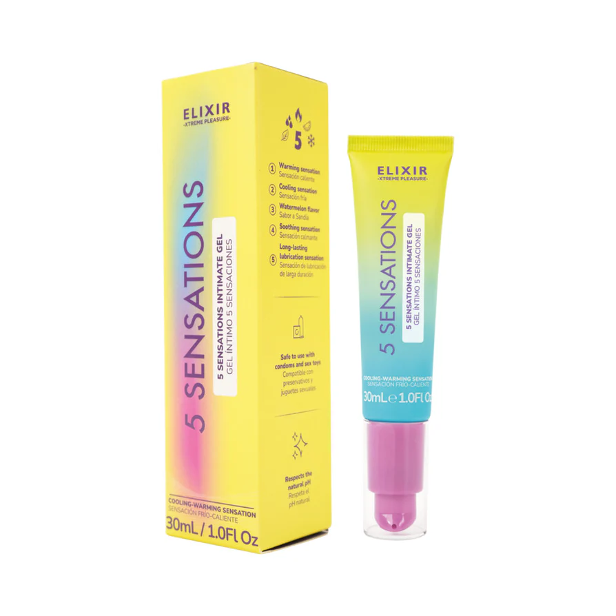 Elixir 5 Sensations Lubricant 30 ml packaging and tube showing cooling, warming, and long-lasting lubrication effects.