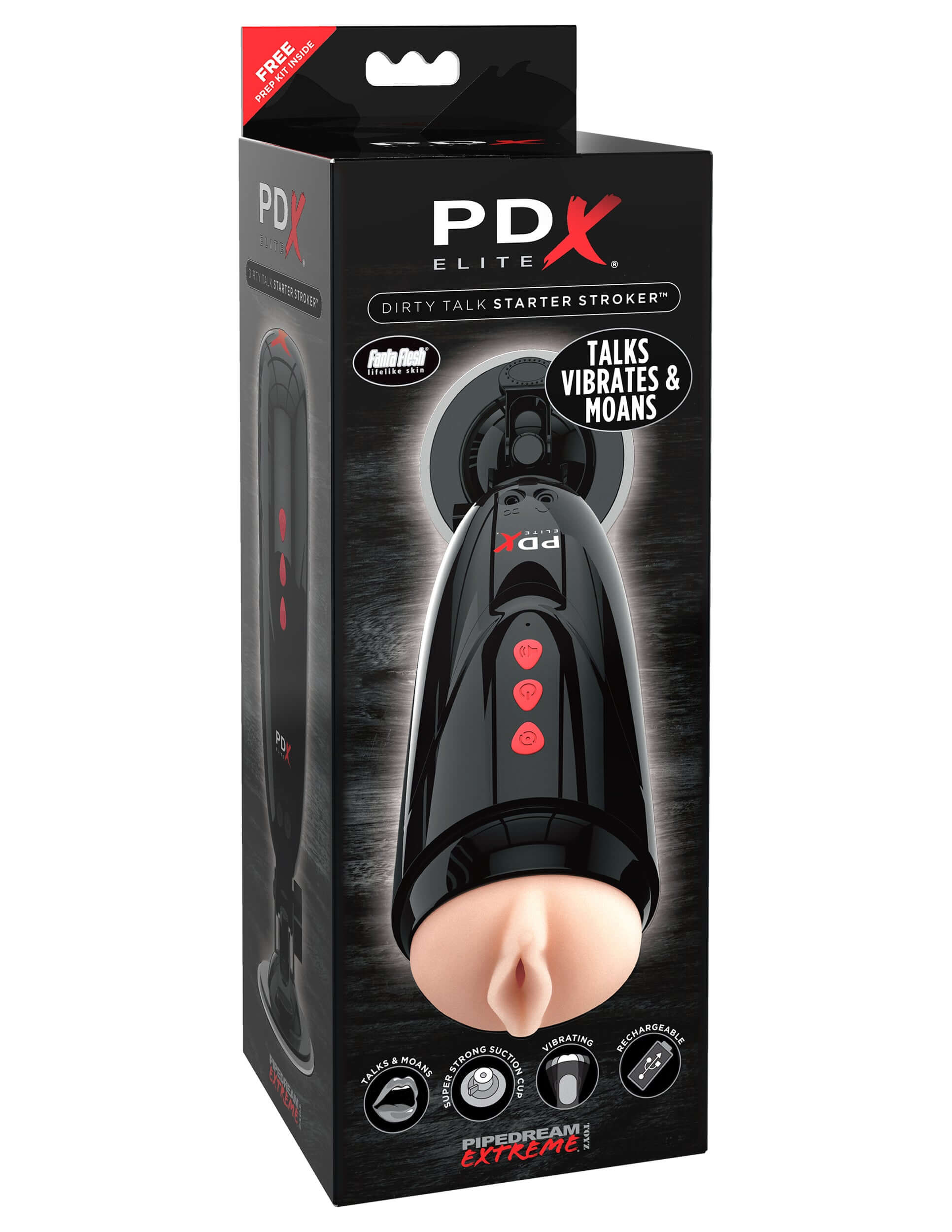 Pdx Elite Dirty Talk Starter Stroker packaging featuring a detailed design and prominent buttons for control.