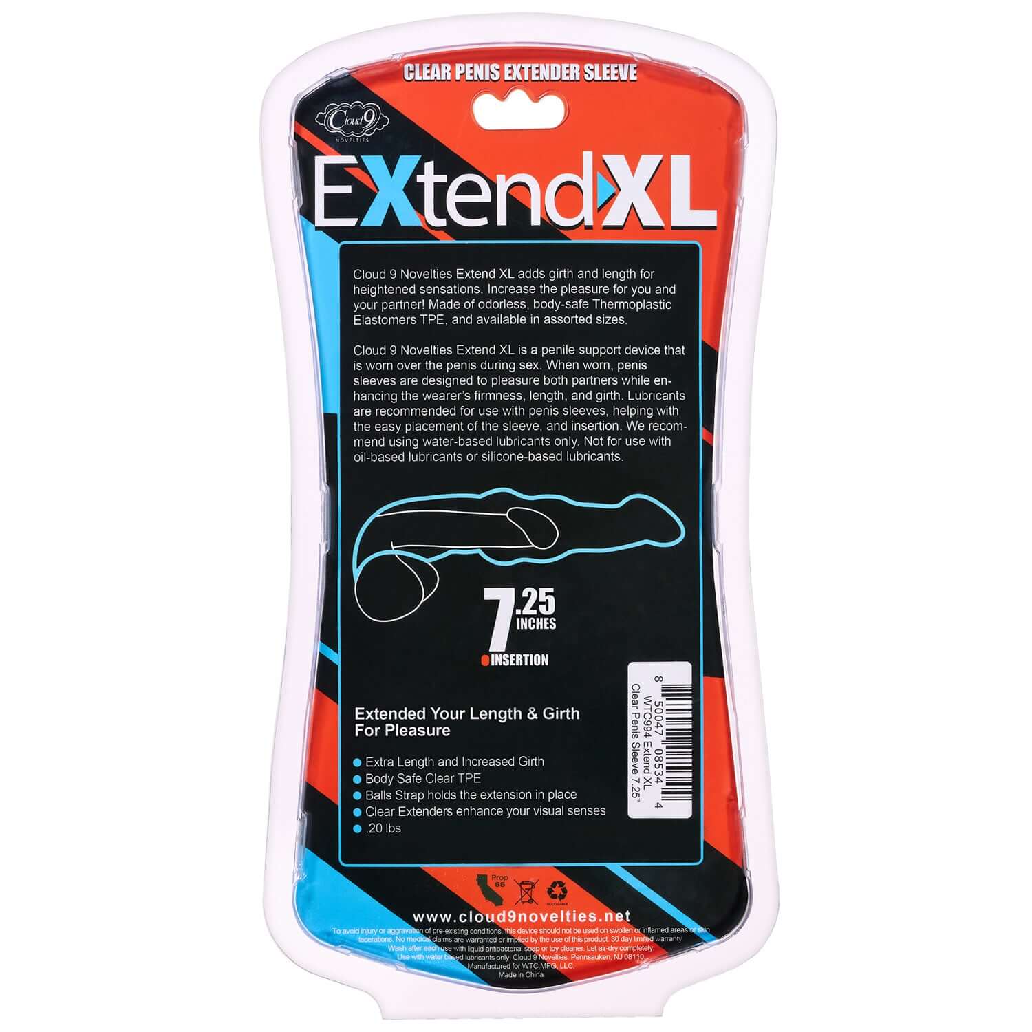 Extend XL Penis Sleeve packaging, 7.25 inches, clear, enhances length and girth, body-safe TPE, Cloud 9 Novelties.