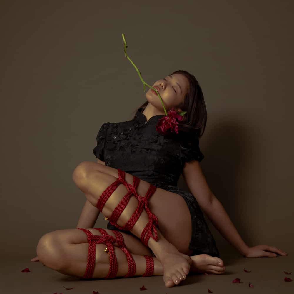 Model seated in a black dress, adorned with red shibari bondage rope, holding a flower, with petals scattered around.