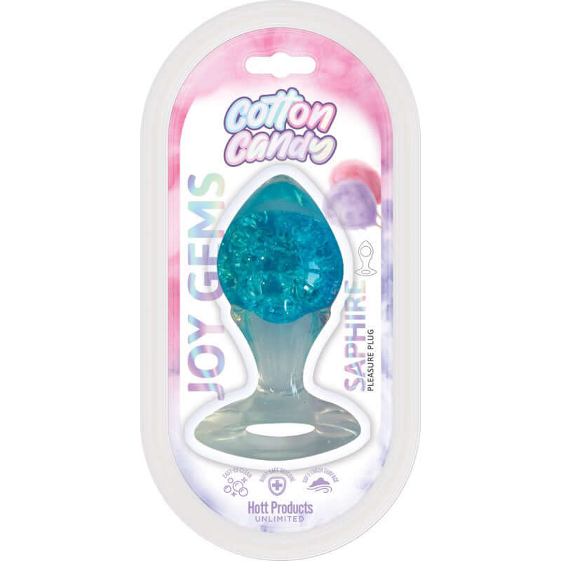 Cotton Candy Joy Gems Saphire Butt Plug in packaging, featuring a gem-shaped design and blue color for intimate pleasure.