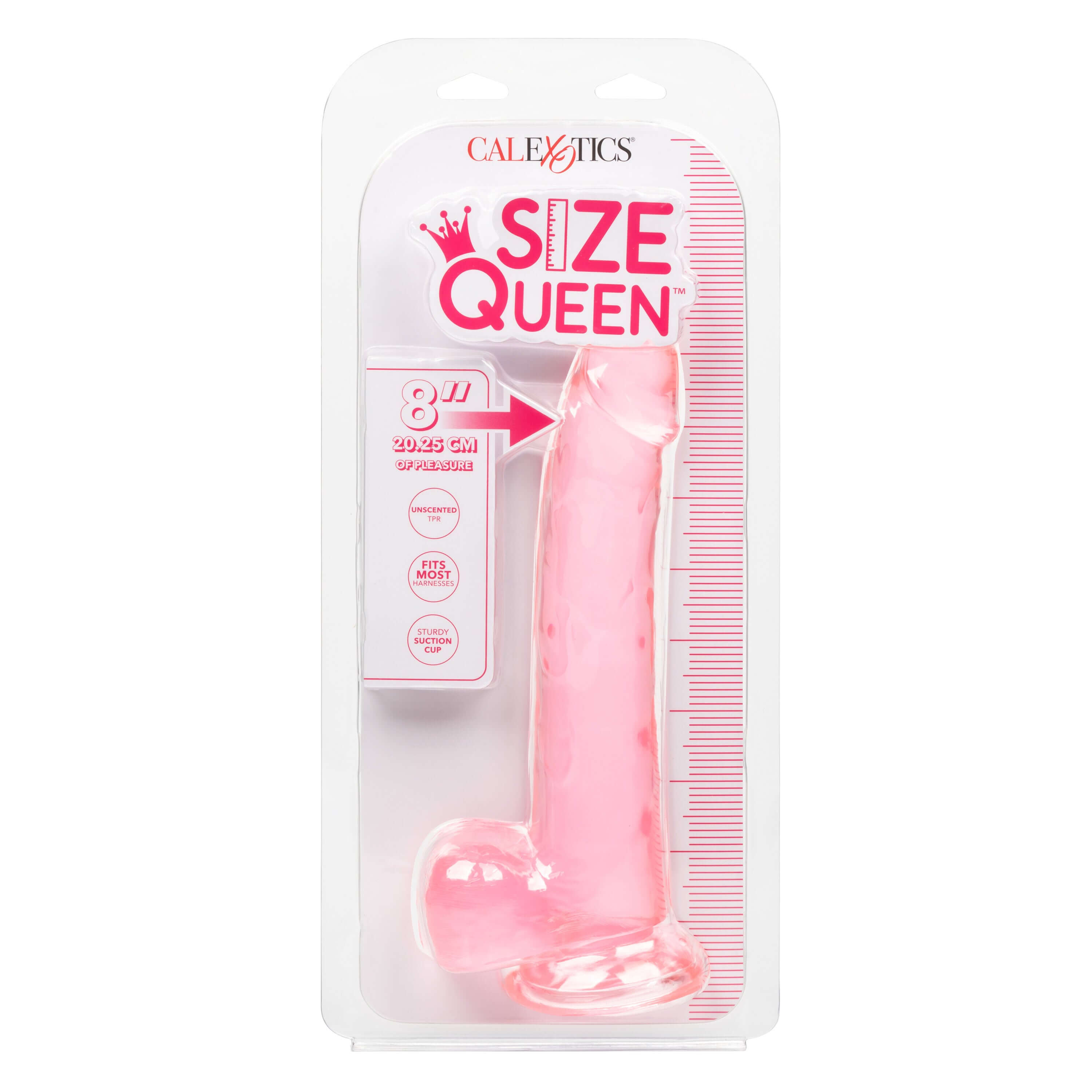 Size Queen Dildo 8 Inches Pink in packaging showcasing its lifelike shape and bold design.