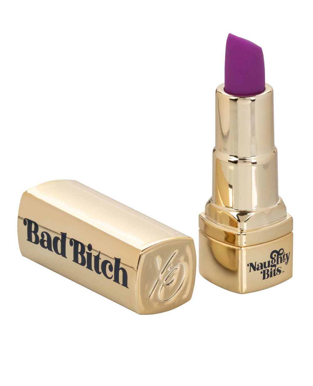 Close-up of Naughty Bits Bad Bitch Lipstick Vibrator, a gold lipstick-shaped mini massager with purple tip.