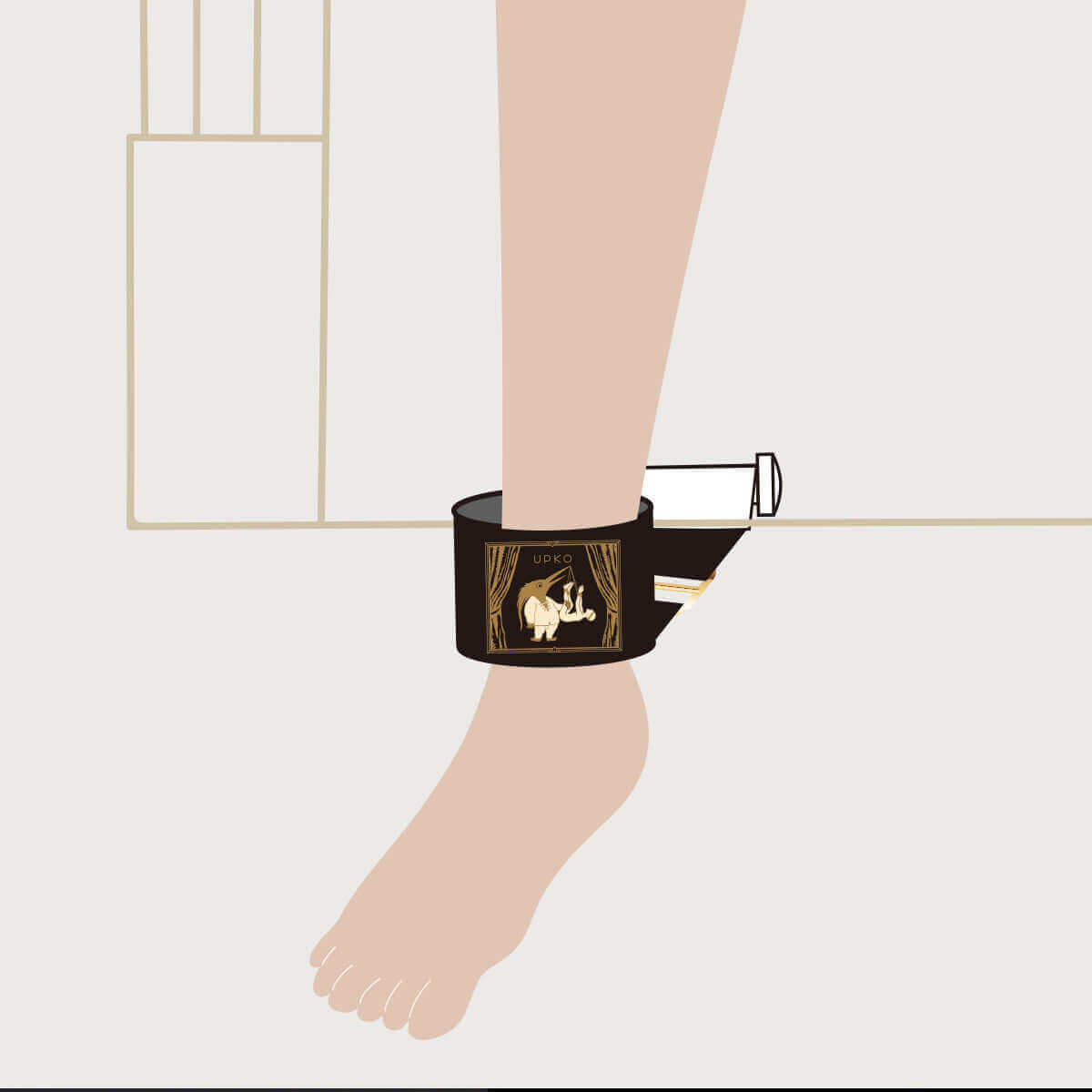 UPKO Under the Door Ankle Restraints in black and gold, featuring soft velvet cuffs on a foot against a light background.