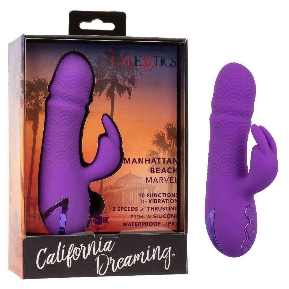 California Dreaming Manhattan Beach Marvel Rabbit Vibrator - Purple, dual stimulator with 10 vibration functions and 3 thrusting speeds.