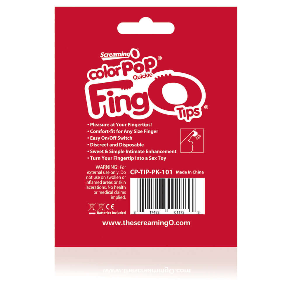 Fingo Tips Finger Vibrator Pink packaging with product features and instructions for use.