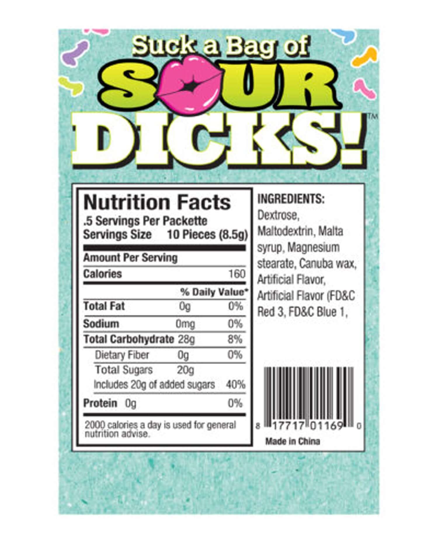 Nutrition facts label for Suck a Bag of Sour Dicks Bag of 25 showcasing ingredients and serving information.