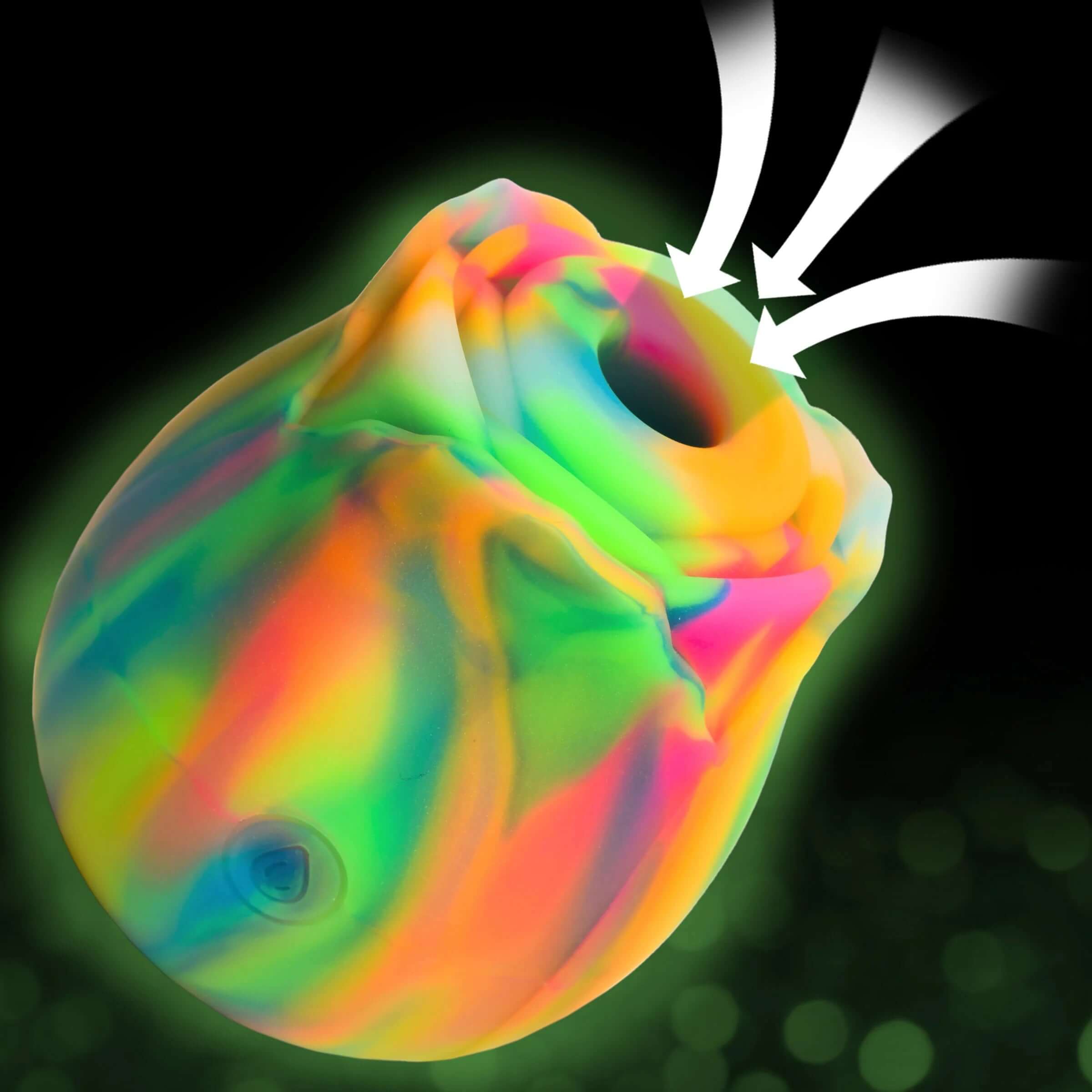 Glow Rose glow-in-the-dark rainbow clit stimulator with suction pattern designed for nighttime pleasure and passion.