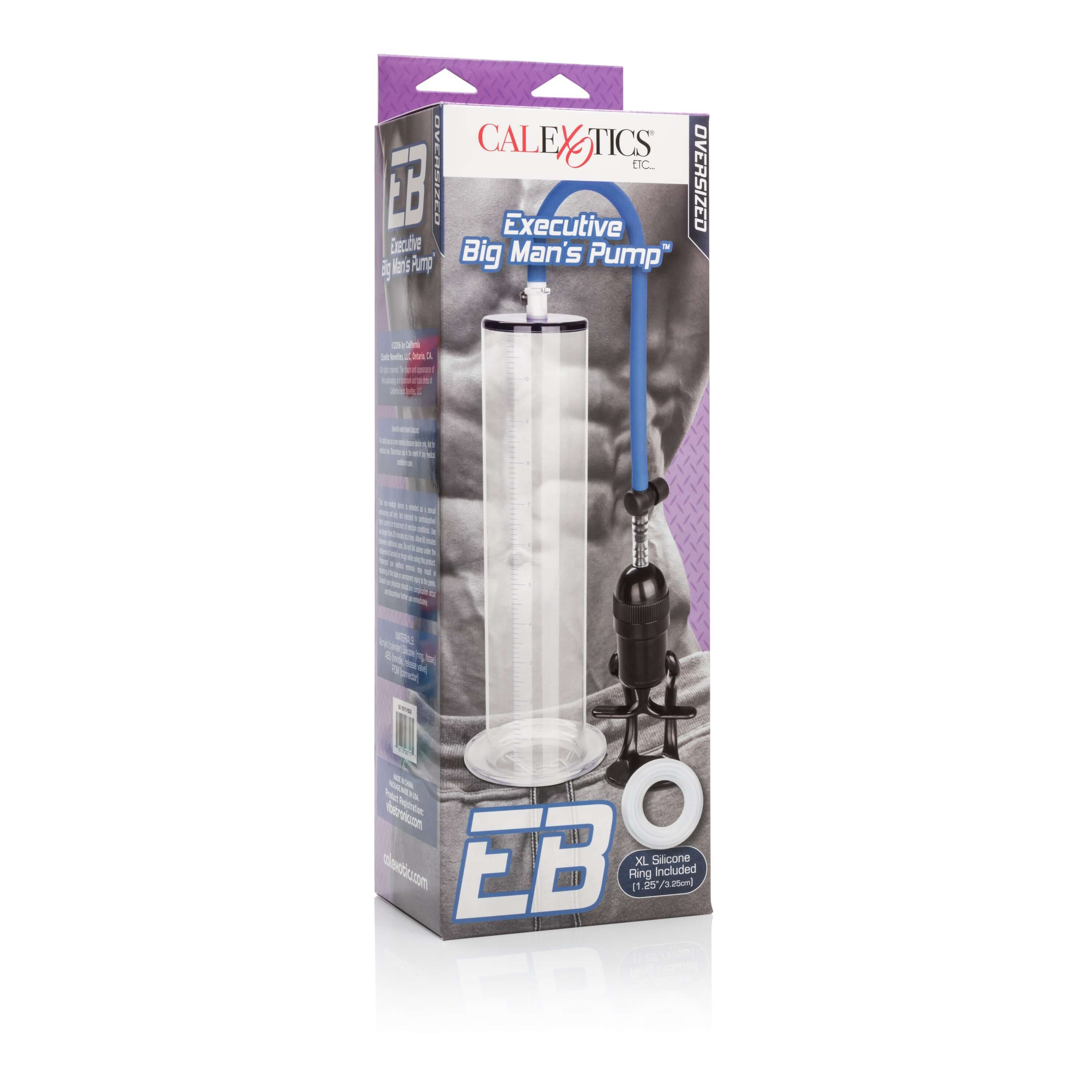 Packaging of Executive Big Mans Penis Pump, a heavy-duty vacuum pump designed for enhanced stability and comfort.