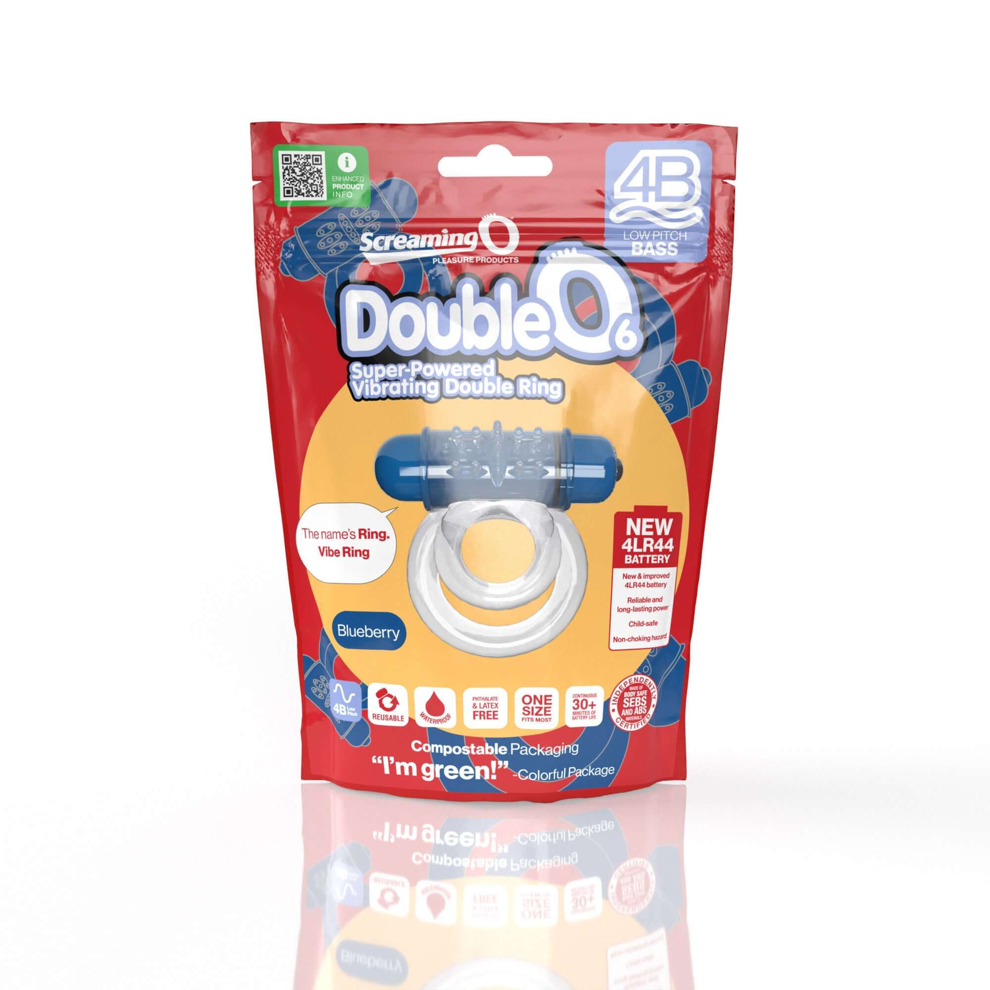 Screaming O 4B Double O Super Powered Ring Blueberry packaging showcasing vibrating double ring features.