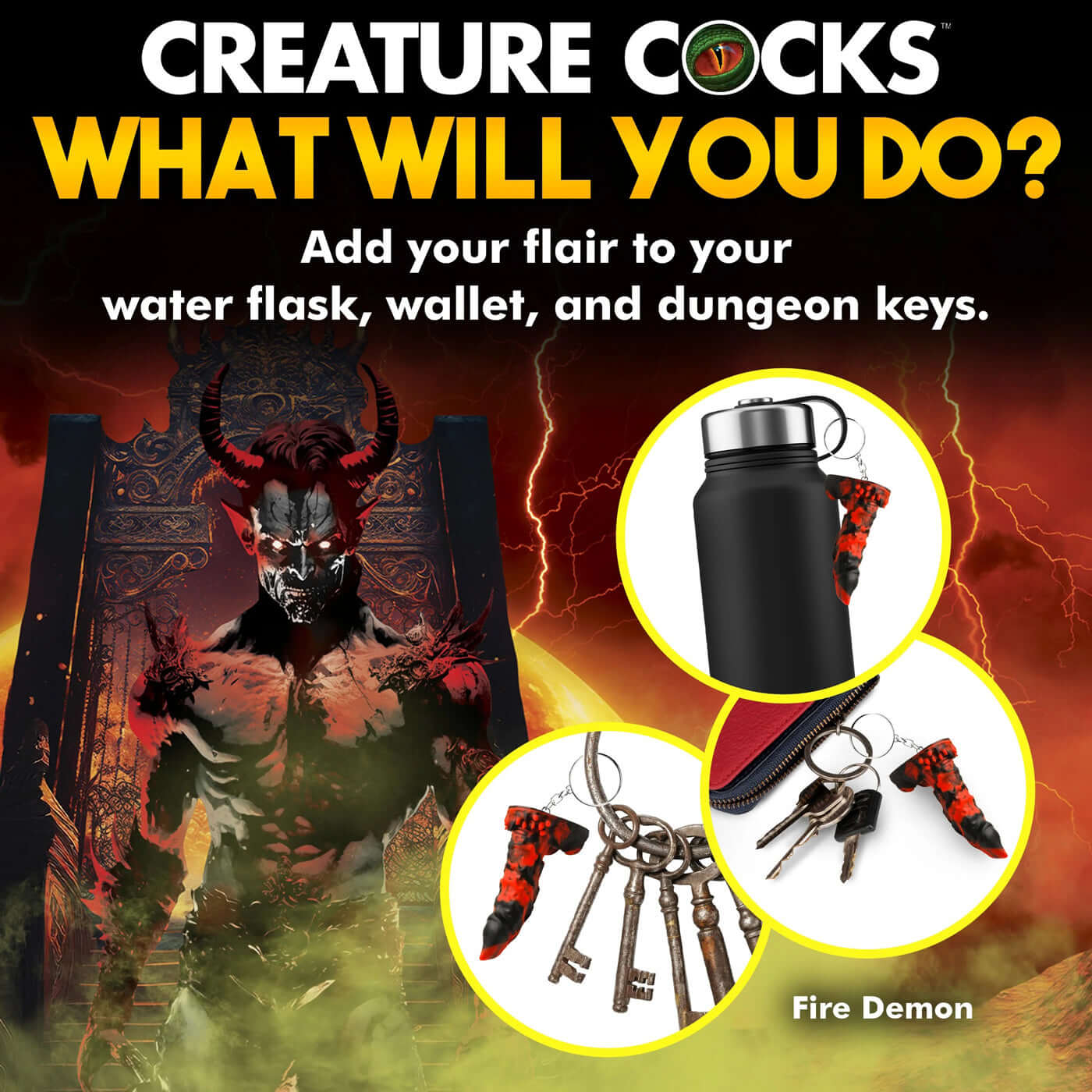 Fire Demon keychain hanging from keys, water flask, and wallet, promoting Creature Cocks fantasy and horror themed keychains.