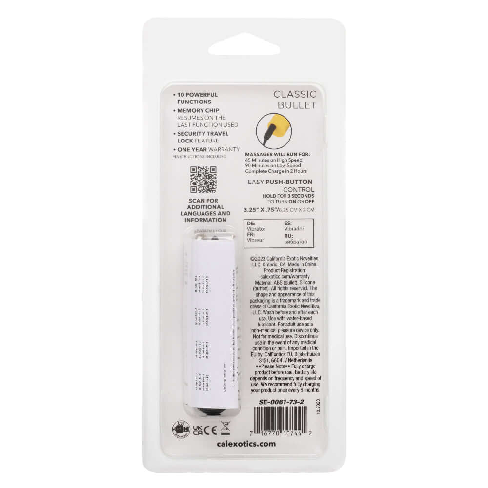 Turbo Buzz Classic Bullet packaging with product details and specifications in yellow and white.