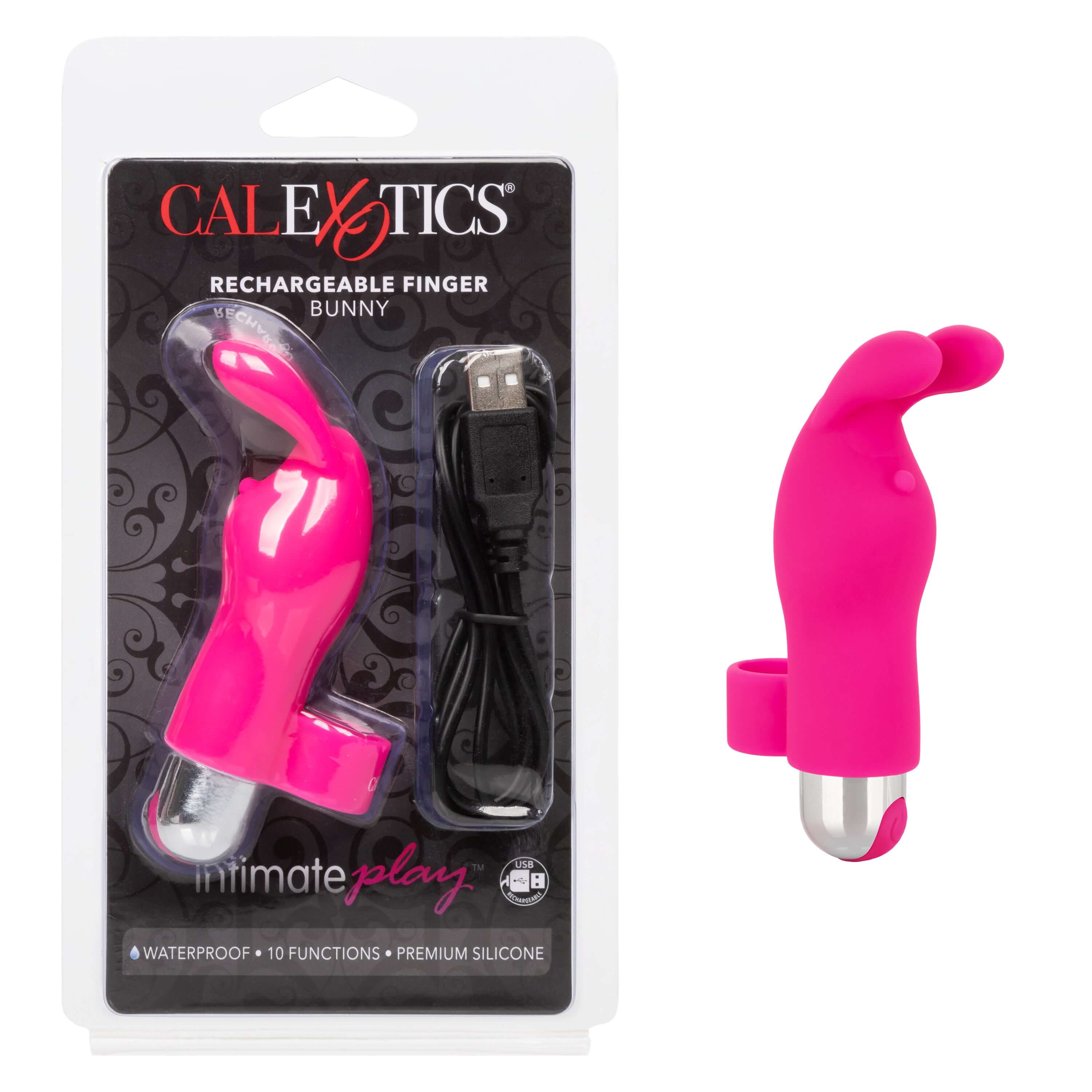 Intimate Play Rechargeable Finger Bunny in packaging with USB cable, waterproof and silicone, 10 vibration functions.