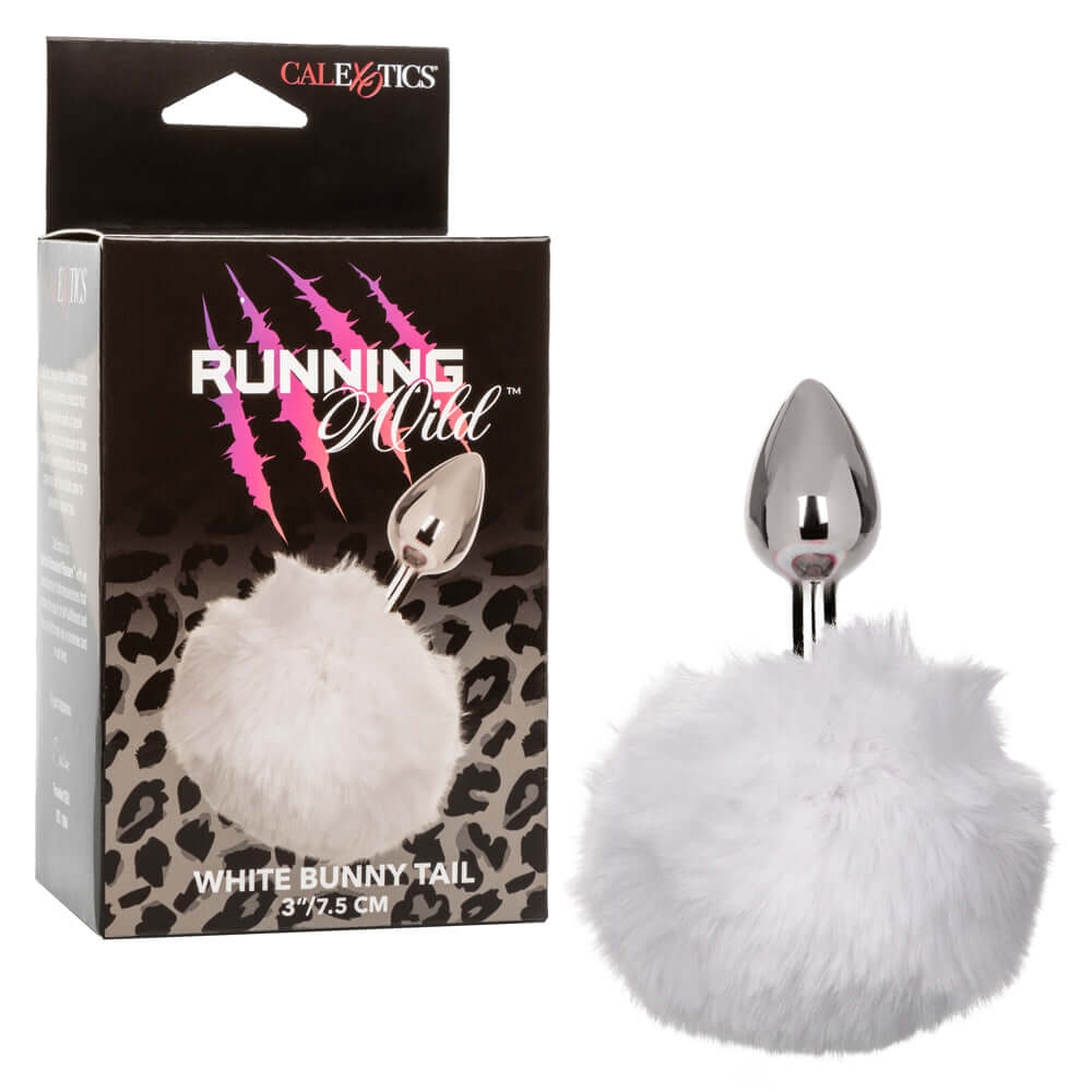 Running Wild Bunny Tail Anal Plug with white fluffy bunny tail and metallic probe, displayed with packaging.