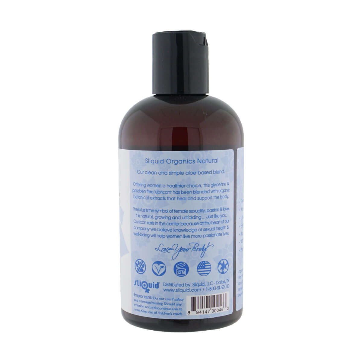 Sliquid Organics Natural Lubricant 8.5 Oz bottle back label featuring aloe-based ingredients.