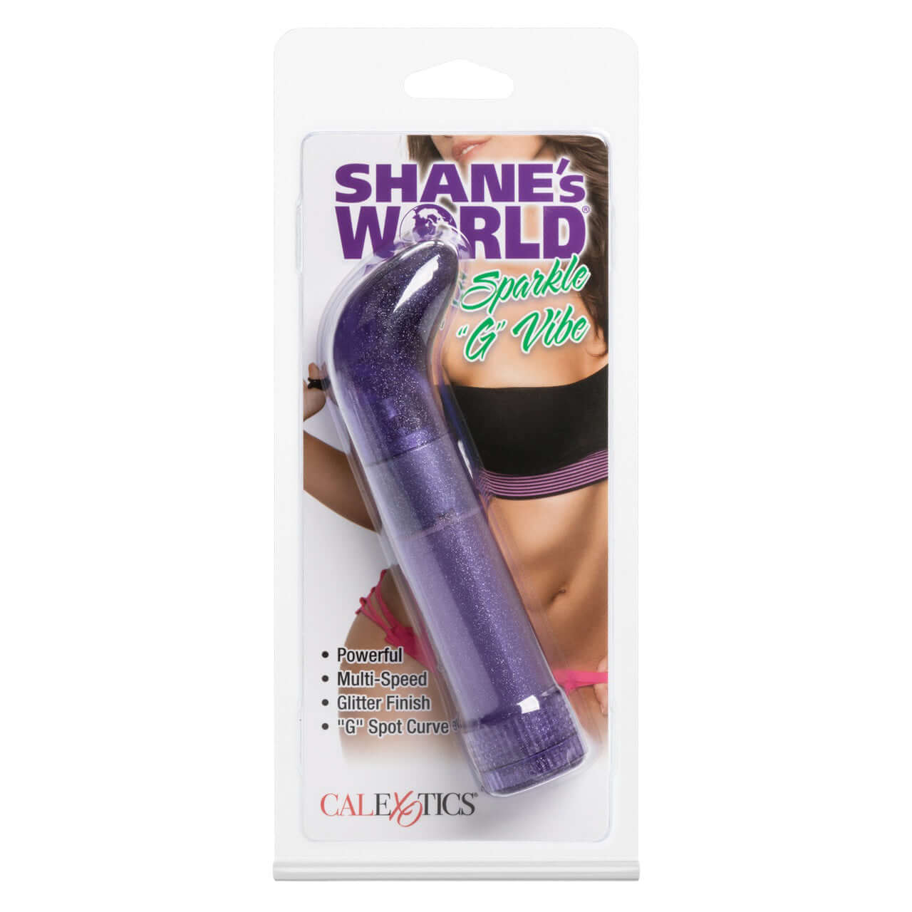 Shanes World Sparkle G Vibes Purple personal massager packaging showcasing its powerful features and curved design.