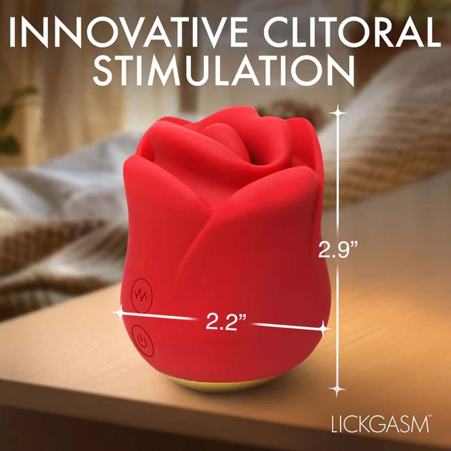 Red silicone clitoral stimulator in rose shape with size dimensions and text "Innovative Clitoral Stimulation" displayed on a wooden surface.