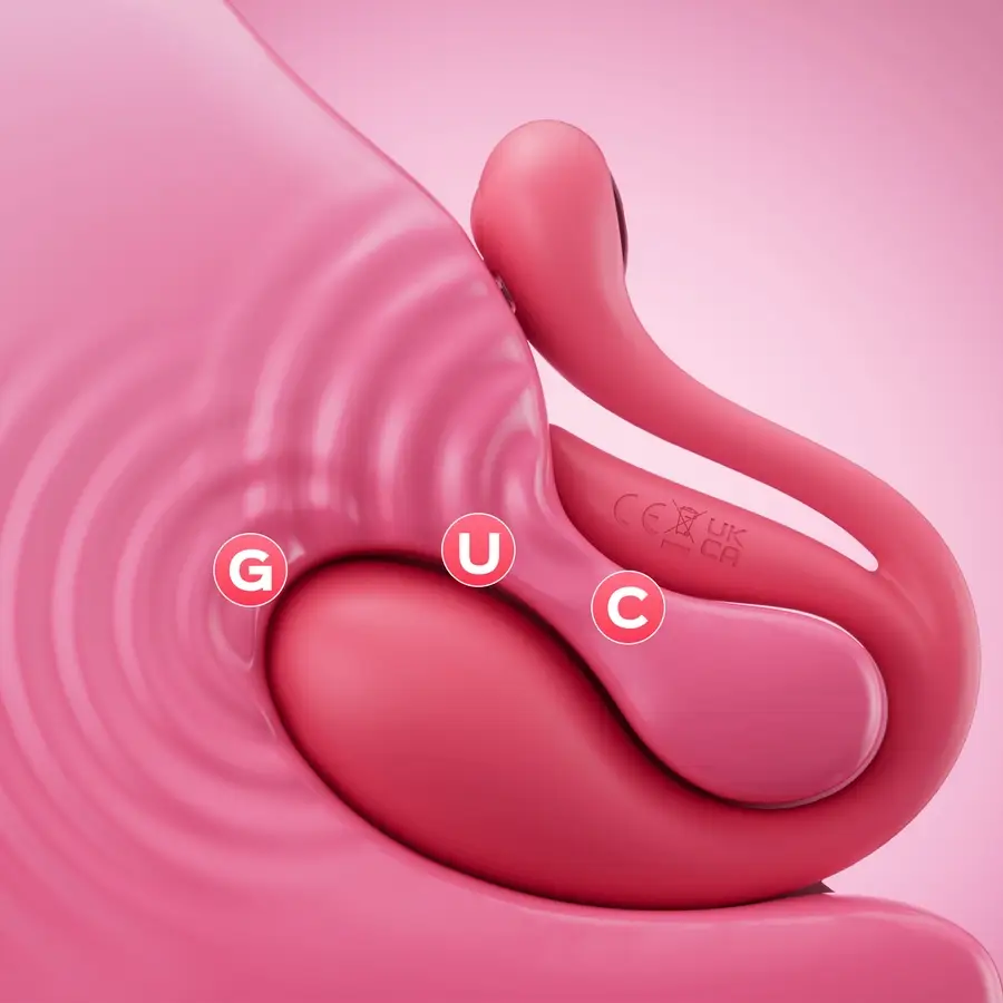 Close-up of the Honey Play Box Mini Vibrosa Triple Stimulator Pink, highlighting G-spot and U-spot stimulation features.