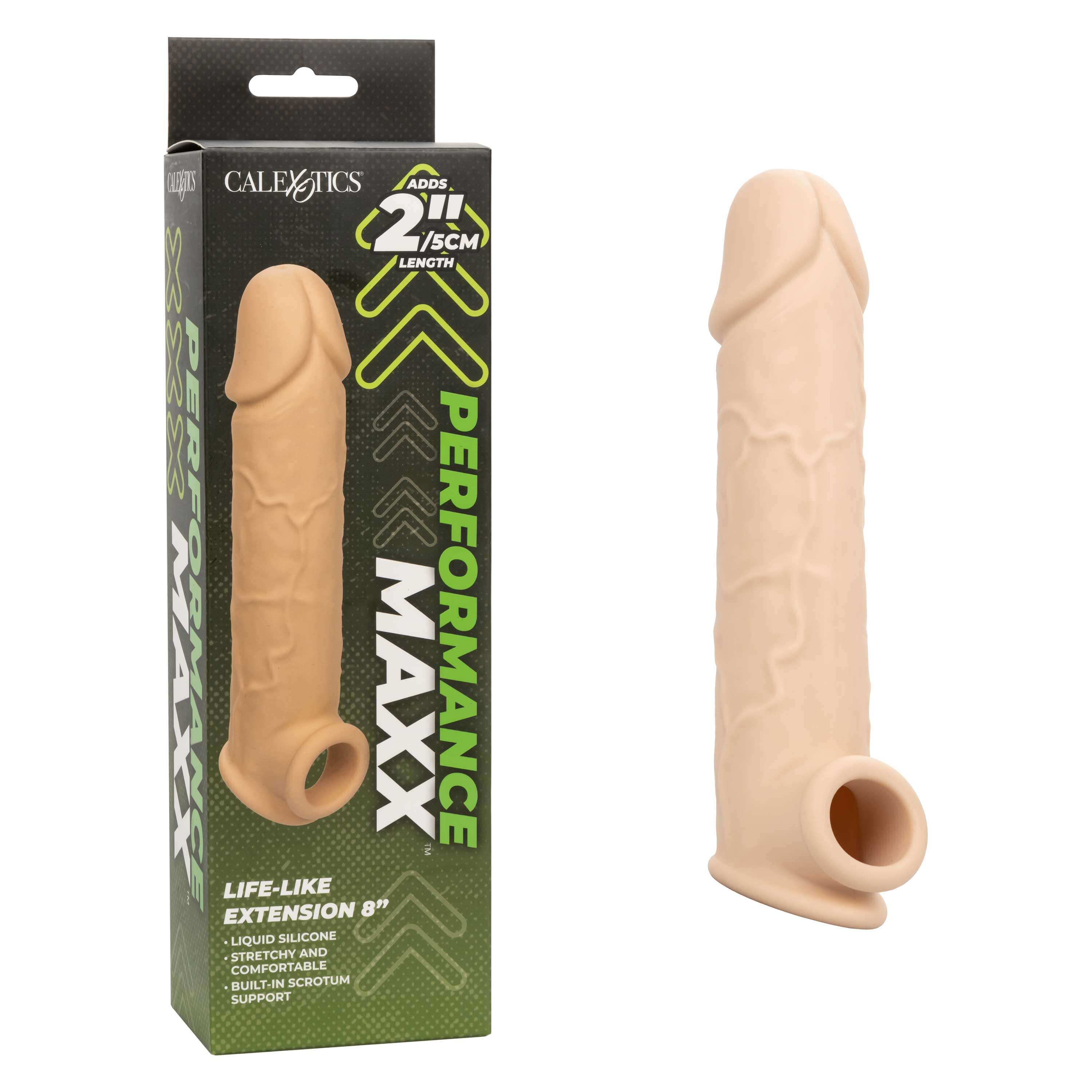 Performance Maxx Life-Like Extension 8 Inch Ivory product packaging with realistic design and hollow sleeve for enhanced pleasure.