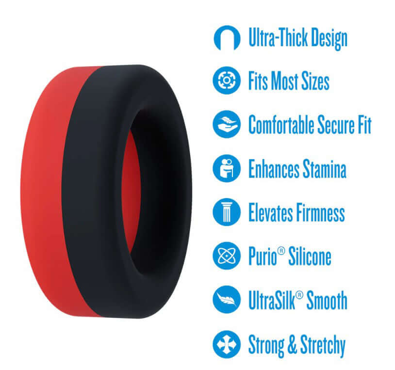 Performance Plus Takeoff Silicone Cock Ring Red Black features ultra-thick design, fits most sizes, and enhances stamina.