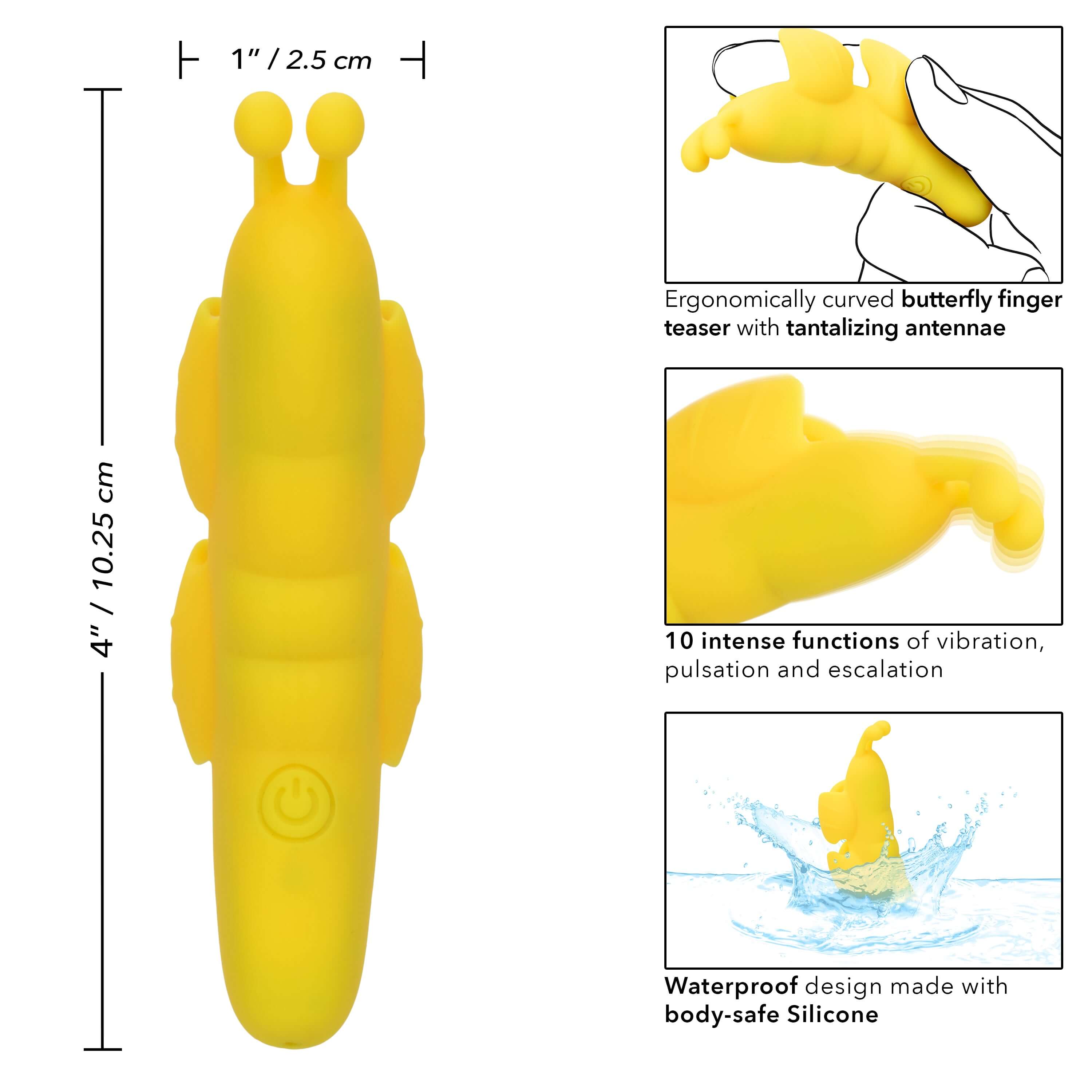Neon Vibes the Butterfly Vibe Yellow, ergonomic butterfly finger teaser with 10 vibration settings and body-safe silicone.