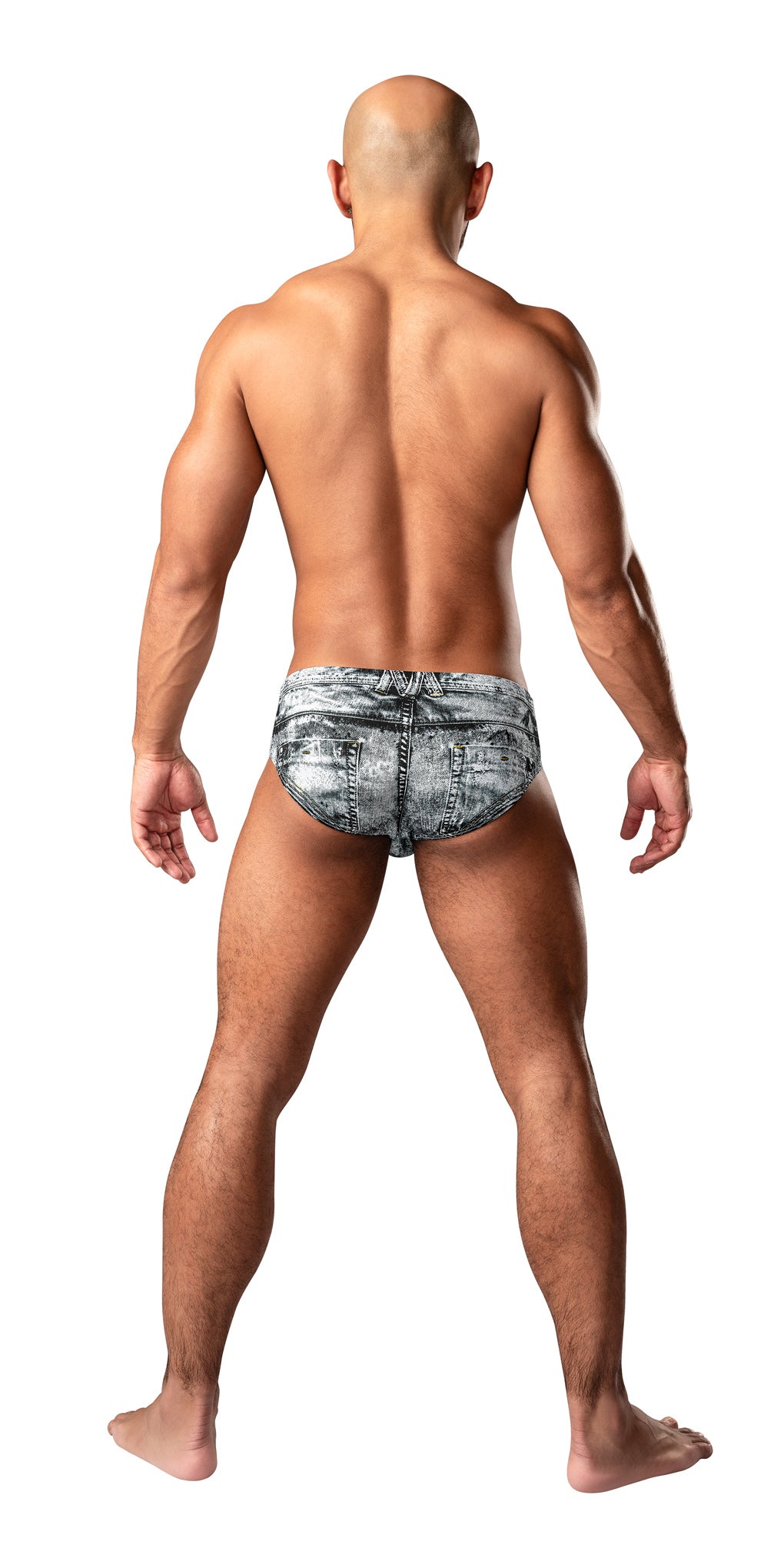 Male Power Dirty Denim Men's Bikini Brief Medium displayed on a model from the back.