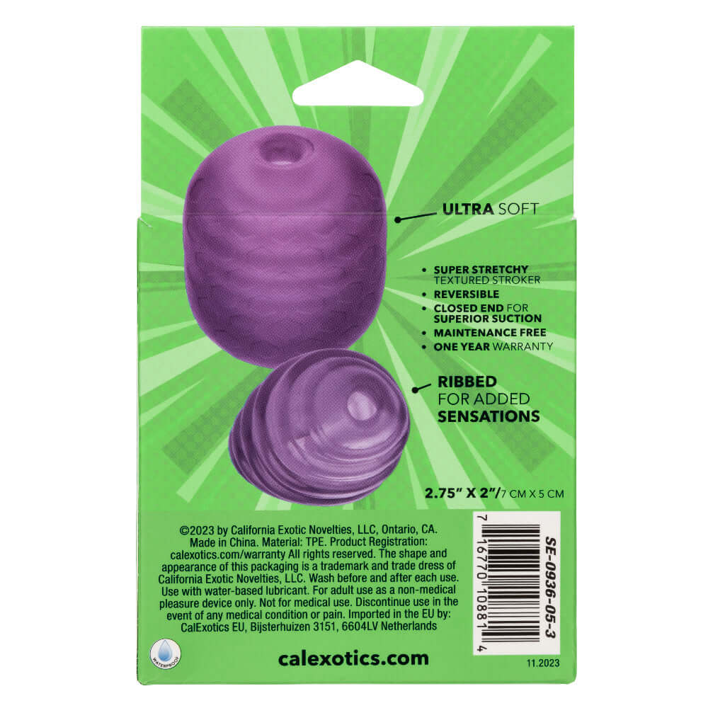 Pop Sock Textured Stroker Purple packaging showcasing soft, stretchy design and ribbed sensations for enhanced pleasure.