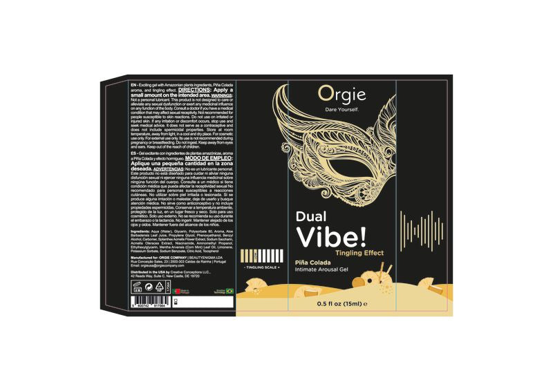 Orgie Dual Vibe Pina Colada Kissable Liquid Vibrator 15 ml product packaging featuring tropical design and arousal gel details.