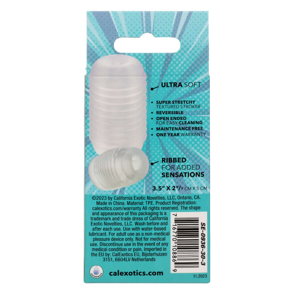 Packaging of Pop Sock Ribbed Masturbation Sleeve showcasing features like ultra-soft material, reversible use, and ribbed texture for added sensations