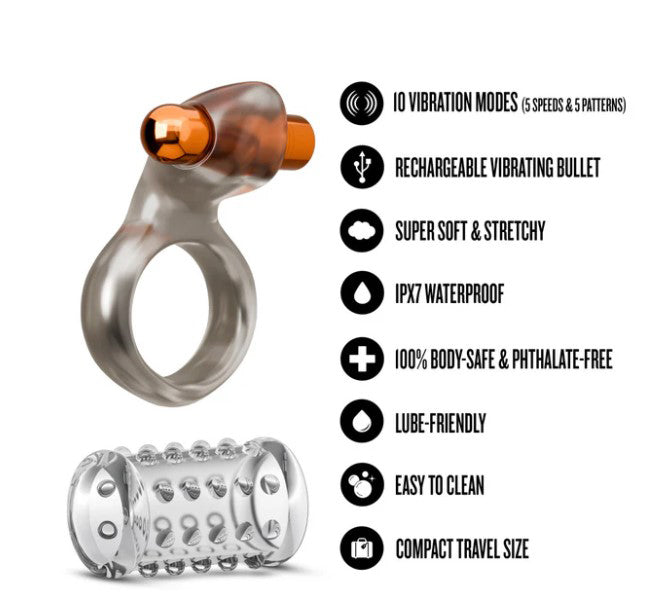 Blush Stay Hard Vibrating Cock Ring Set With Penis Sleeve features 10 vibration modes and a soft stretchy design.